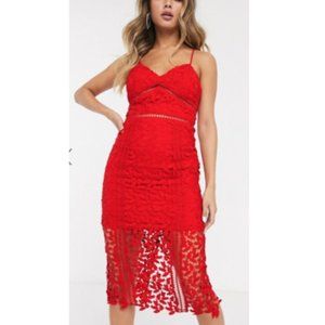 Bardot lace midi dress in red, NWT, Size 6